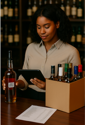 Bar worker using an iPad while checking a bottle