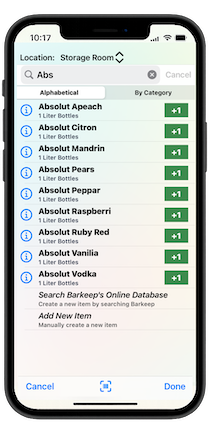 Barkeep search screen on an iPhone