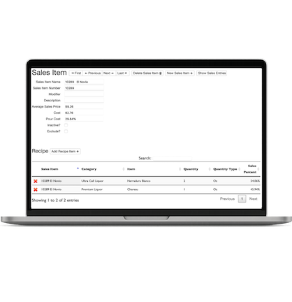 BarkeepOnline sales item screen on a laptop
